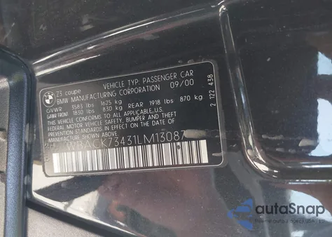 2001 BMW Z3 3.0I z USA, uszkodzony, nr VIN WBACK73431LM13087